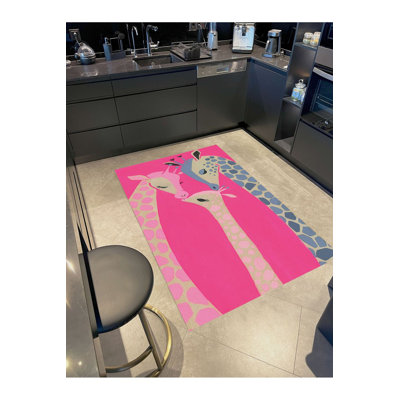 Machine Washable Sun Collection Pink Parent and Baby Giraffe Patterned Woven Base Modern Decorative Area Rug