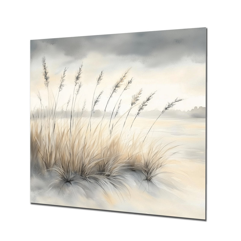 Bord de roseaux brumeux - Décoration murale en métal à base d'herbe de la pampa, H 16 po x l 16 po