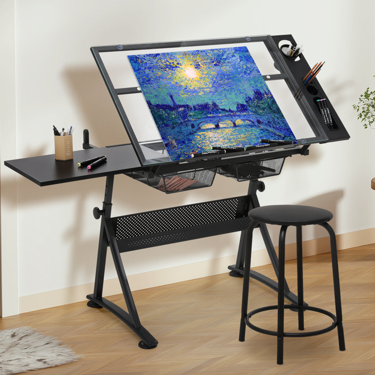 Craft and Drawing Station with Stool Set, Tempered Glass Top Drafting Table with Slide-Out Tabletop