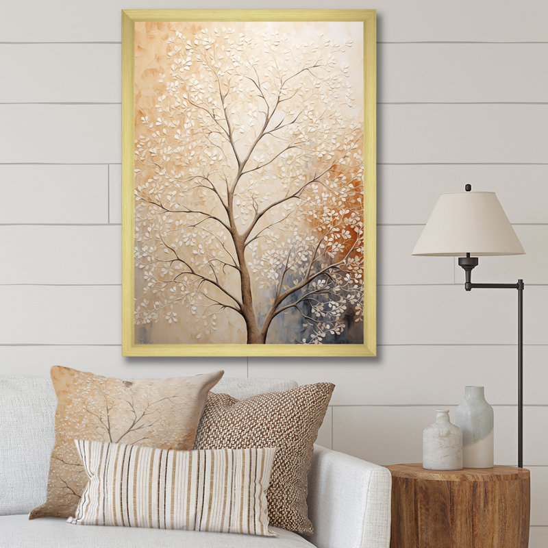 " Beige Trees Oak Solitude II ", 40" H x 30" W x 1.5" D, Gold Single Picture Frame