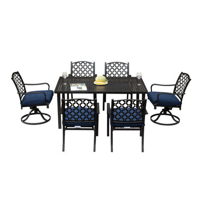 7 Pcs Patio Dining , Metal Construction, Navy Blue Cushions, For Outdoor Lawn With Metal, Stable Iron Use