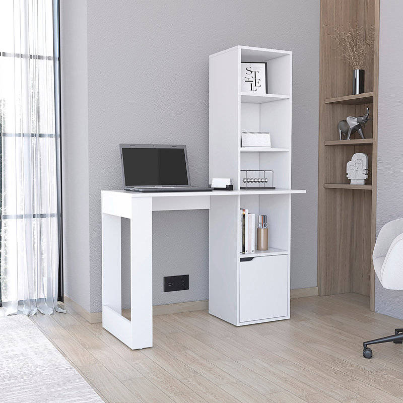 Bureau d'ordinateur avec 1 armoire et bibliothèque à 4 niveaux, Blanc