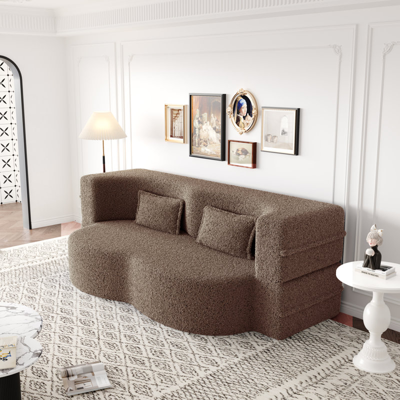 Evren Boneless Modern Minimalist Compression Convertible Floor Sofa Bed with Pillows, Teddy Brown, 30" H x 78" W x 45" D
