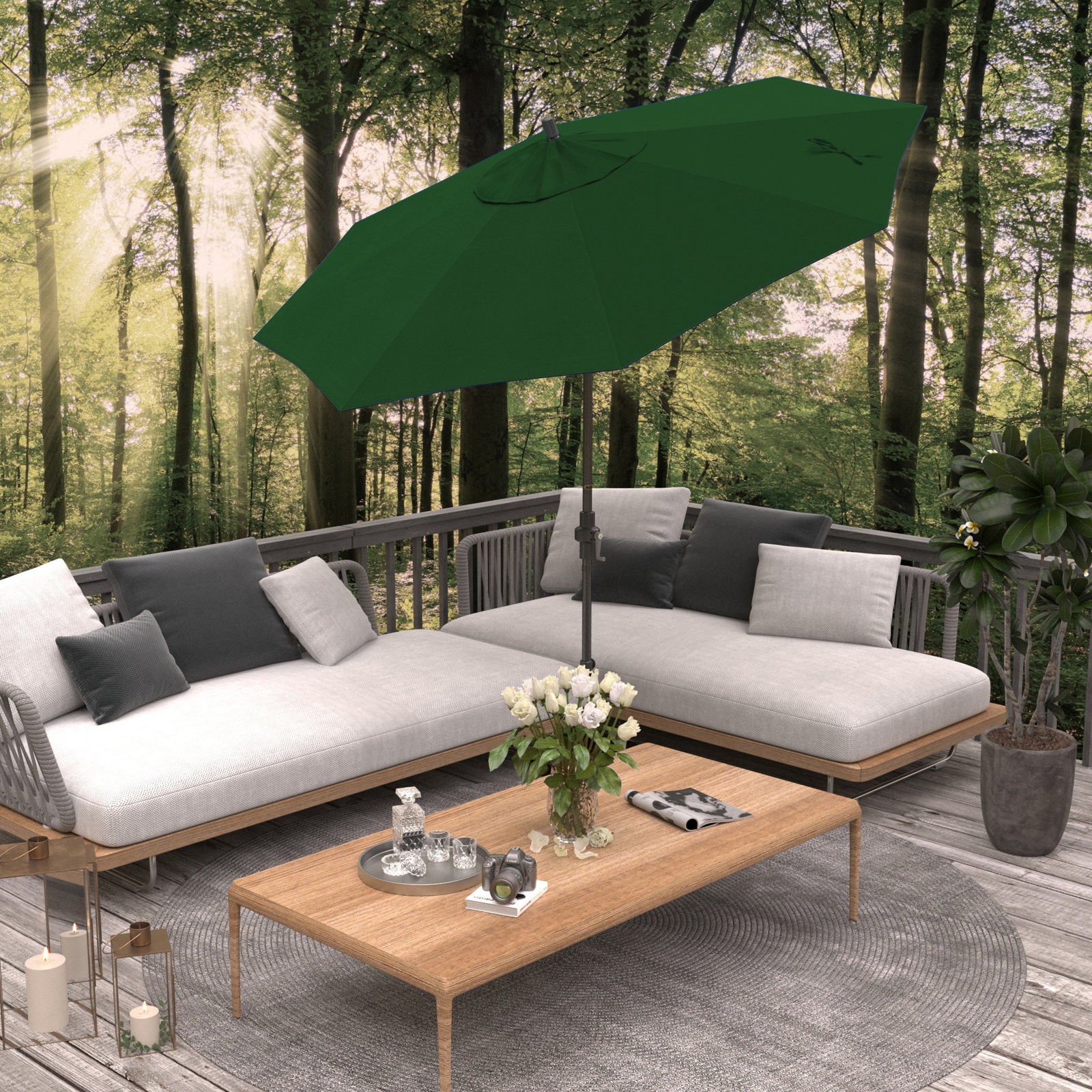 Santana 9' Umbrella, Gray, Forest Green - Pacifica Premium