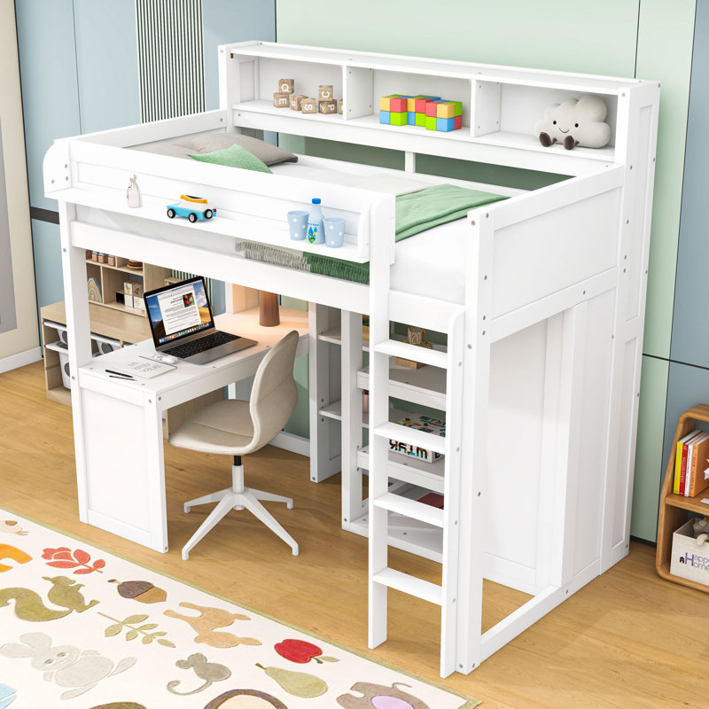 Lit mezzanine simple avec tablettes et garde-robe, Blanc