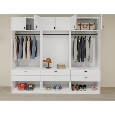 108"W x 93"H x 21"D combination White Wardrobe Closet with LED Lighting, Solid Doors, and Soft-Close Drawers, Plywood Construction