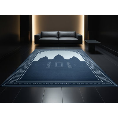 Machine Washable Parez Angkor Wat Cambodia Global Inspired Block Print Rug in Gray – Navy Binding