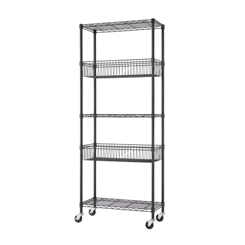 Black Powder-Coated Steel 5-Tier Wire Shelving Unit with Wheels