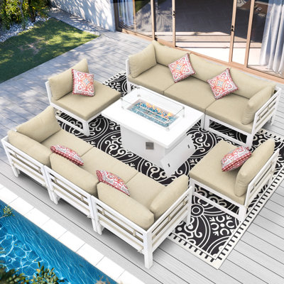 Modern 9-Piece Aluminum Patio Conversation Set with Propane Fire Pit Table, 500lb Capacity Heavy-Duty Outdoor Sectional Set with Cushions