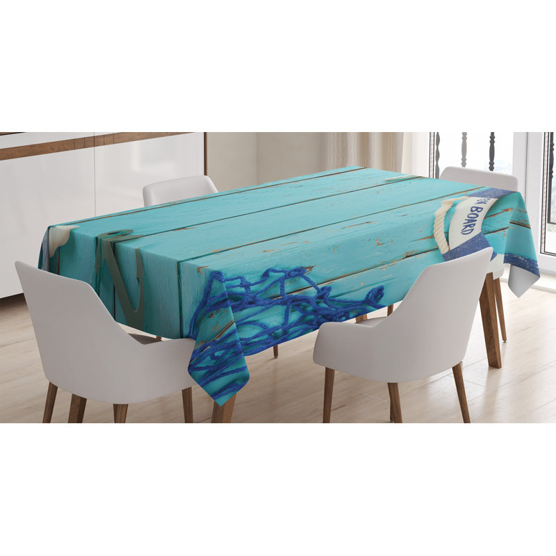 Ambesonne Nautical Tablecloth, Nautical Lifestyle Theme Vintage Steering Wheel Stars Net Lifebuoy, Rectangular Table Cover For Dining Room Kitchen Decor, 52" X 70", Turquoise Navy Blue