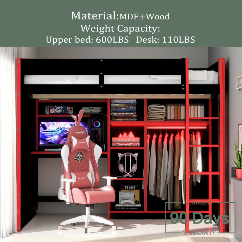 Lit mezzanine en bois pleine grandeur avec bureau, garde-robe ouverte, compartiments de rangement et lumières RVB, Rouge