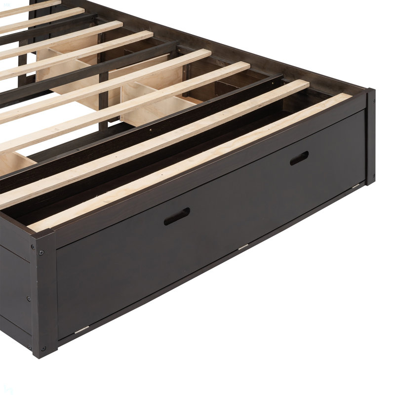 Grand lit plateforme en bois avec tête de lit, étagère à chaussures et 4 tiroirs, Espresso