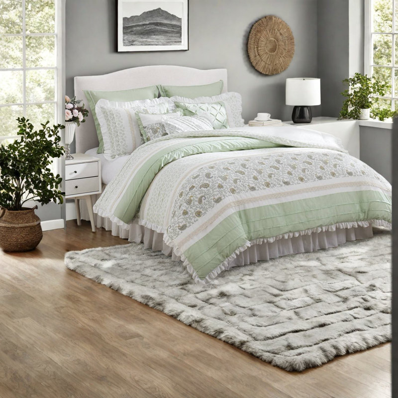 Ensemble de literie en coton 9 pièces vert sauge pour grand confort campagnard