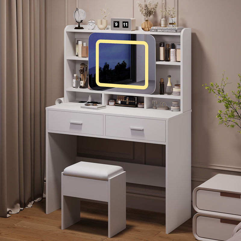  Bureau de coiffeuse avec miroir coulissant, lumières DEL et station de charge, coiffeuse compacte avec tabouret l 100 cm (39 po), ensemble de coiffeuse pour petites chambres, bureau personnel, blanc