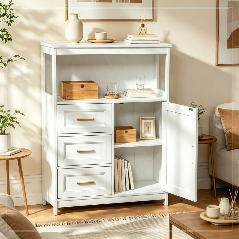 Armoire de rangement avec tablette ouverte et 3 tiroirs, Blanc