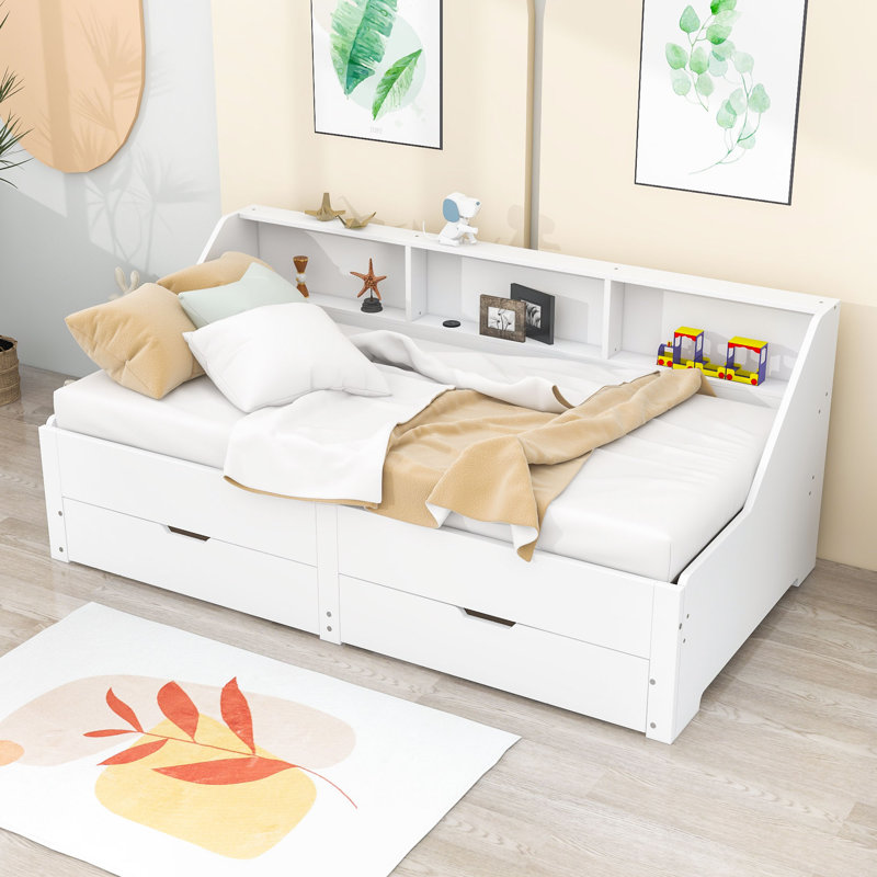 Faccone Twin Size Wood Daybed with Twin Size Trundle and Drawers, White
