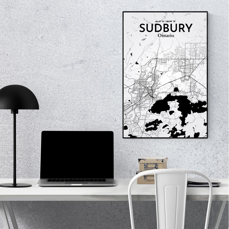 Sudbury City Map, impression, Noir / blanc, H 36 po x l 24 po