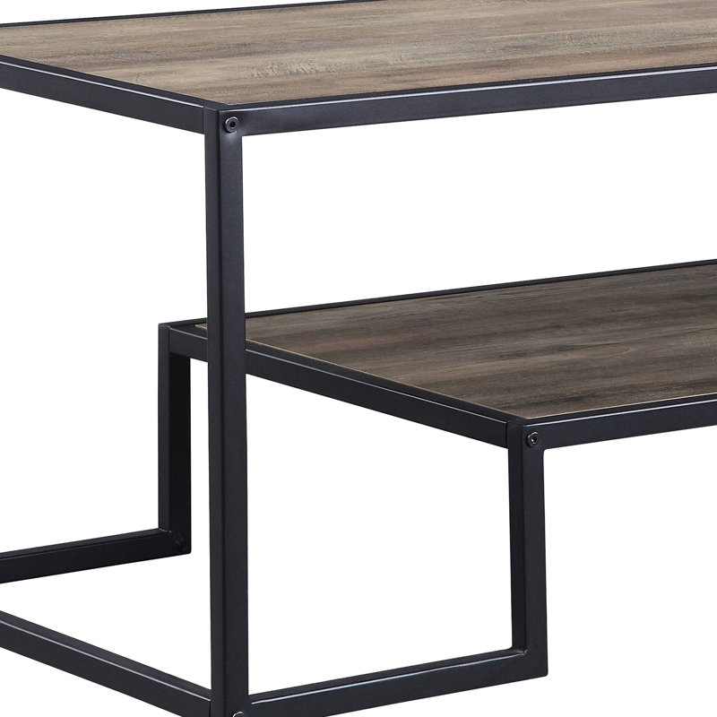 Table basse rectangulaire en chêne noir et rustique avec cadre ouvert en métal à 1 étage, plateau de 15 mm recouvert de placage de papier pu, convient aux finitions de décor de bureau