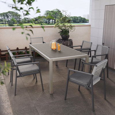 Ensemble de salle à manger gris et noir, ensemble de 6 chaises en aluminium avec corde et table en aluminium avec plateau en faux bois
