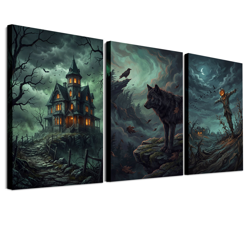 "Haunted House", ensemble de 3 toiles d'Halloween, 18"H x 12"W x 3pcs