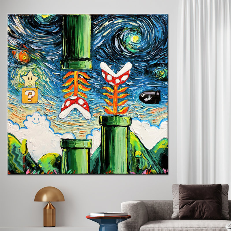 Van Gogh Style Mario Painting, Modern Wall Art, Gaming Room Wall Decor, Super Mario World Wall Art, Starry Night Wall Decor,