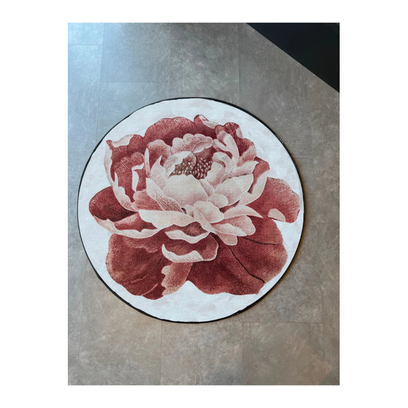 Salmon Pink Floral Patterned Round Black Framed Round Carpet, Round 5'