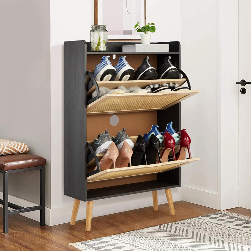 Range-chaussures avec 2 tiroirs rabattables, rangement en rotin naturel tissé à la main, Noir