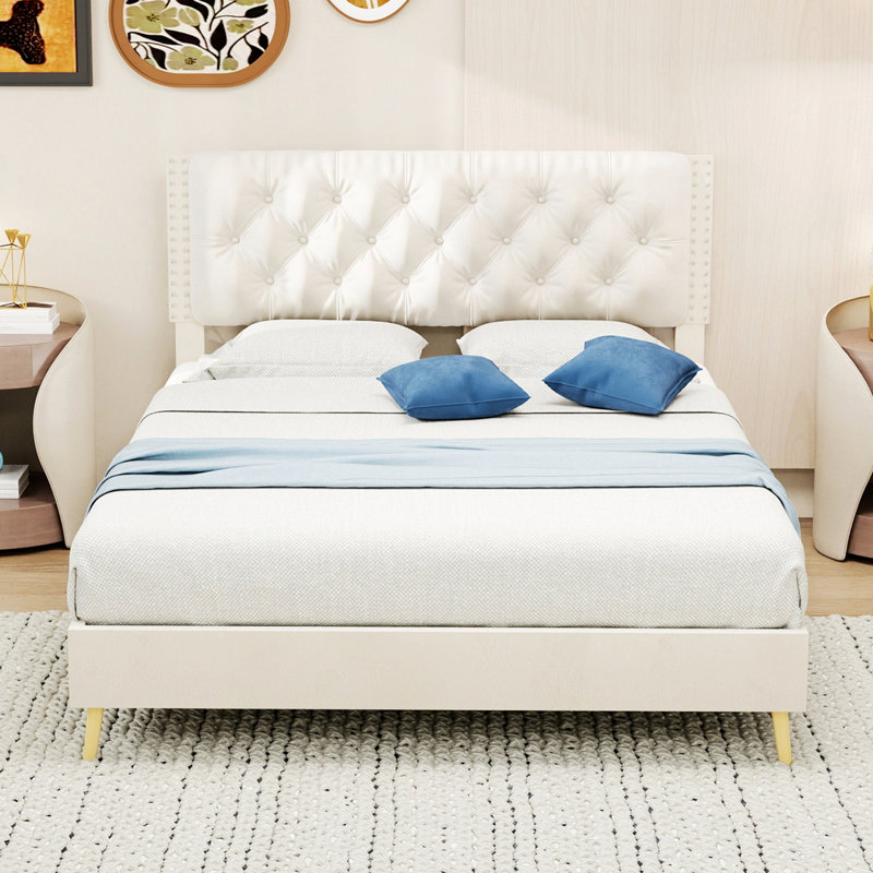 Upholstered Bed With Tufted Headboard, Beige, Lit double