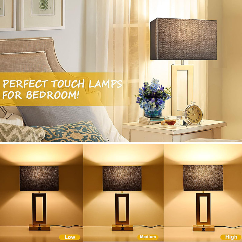 22'' Gold and Black Touch Control Table Lamps Set with USB Ports