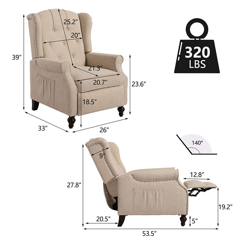 Selmner Wide Upholstered Recliner Push Back Recliners With For Living Room(Set of 2), Beige Fabric