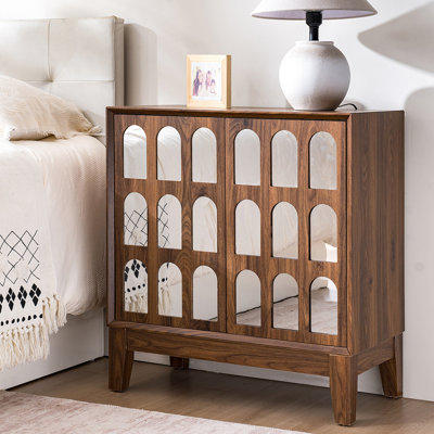 Dark Seadrift Tone Mirror Double Door Storage Sideboard, Walnut, 32 In Height, 55.61 Lb, Flexible Space Cabinet, Tone, Mirror, Walnut Space, Solid Wood Legs