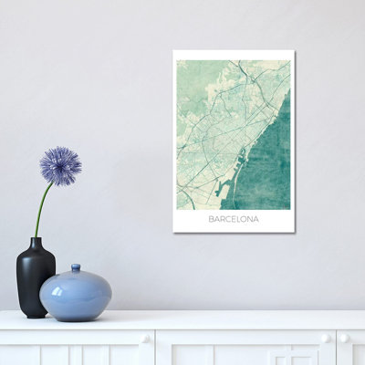 Barcelona Vintage Blue Watercolor Urban Blueprint Map 1 Piece Wrapped Canvas Wall Art