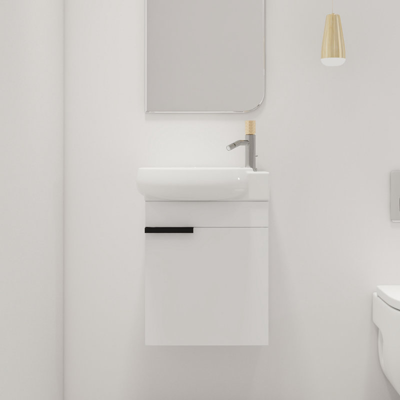  Khyla 16'' Single Sink Wall Mounted Bathroom Vanity,Floating Vanity with 1 Door and White Ceramic Sink Top, White
