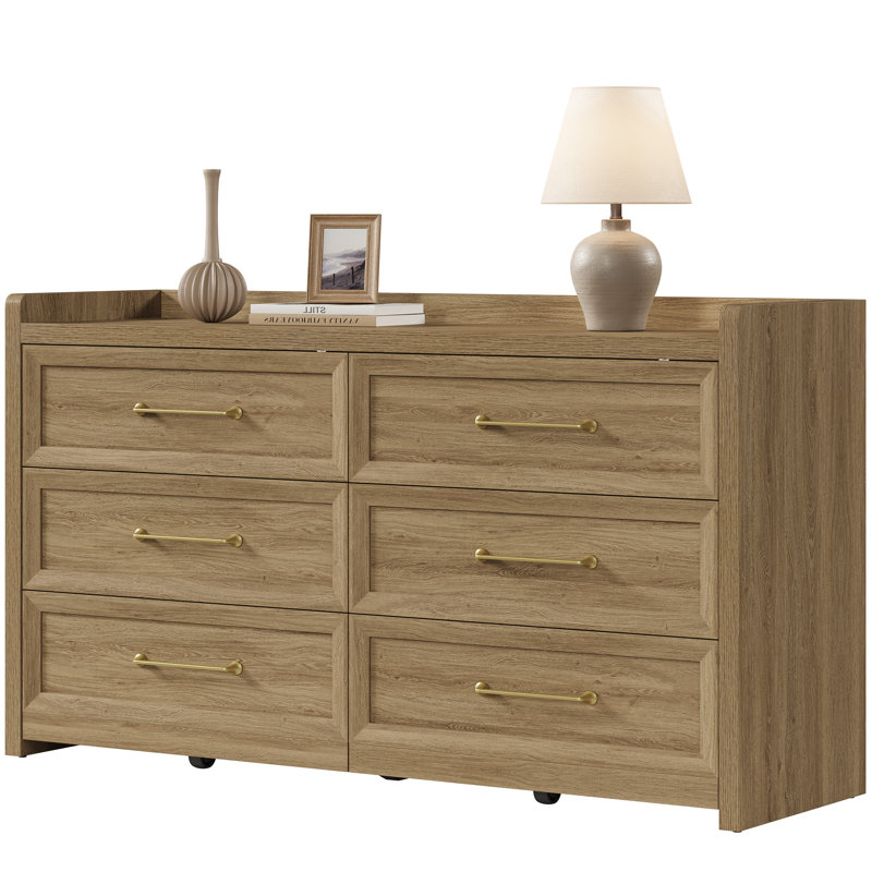 56.4"W Modern 6-Drawer Dresser, Natural Oak