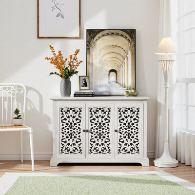 Antique White Buffet Server Console Cabinet - 44" Vintage Storage with Carved Doors for Kitchen, Dining Room, Living Room