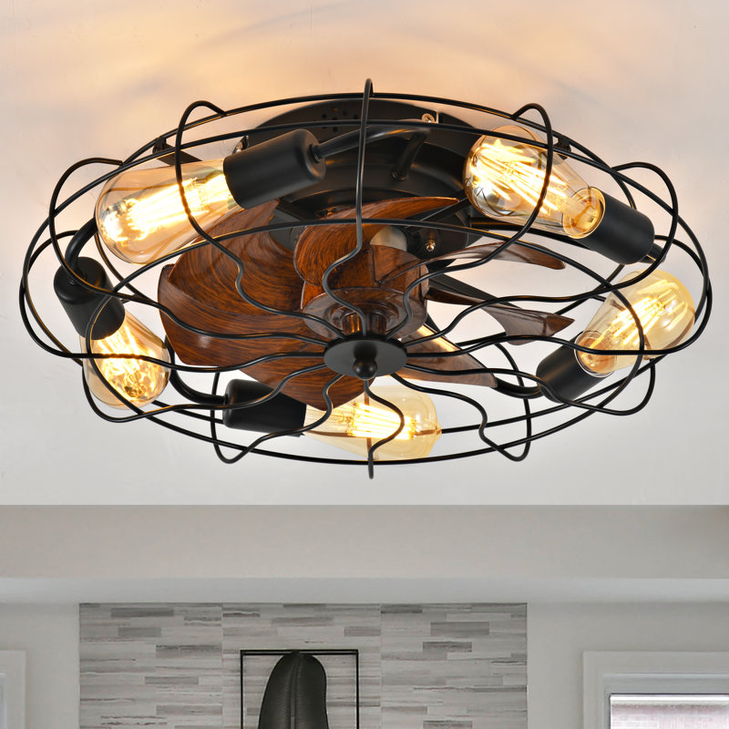 5-light Black Industrial Ceiling Fan With Remote Control High-performance Dc Motor Quiet Operation And Stylish Metal Cage Design