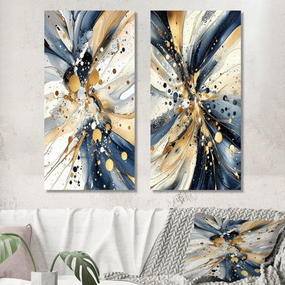 «Explosion of Abstract Gold Blue Marble Chaos I» - Décoration murale abstraite moderne 2 pièces