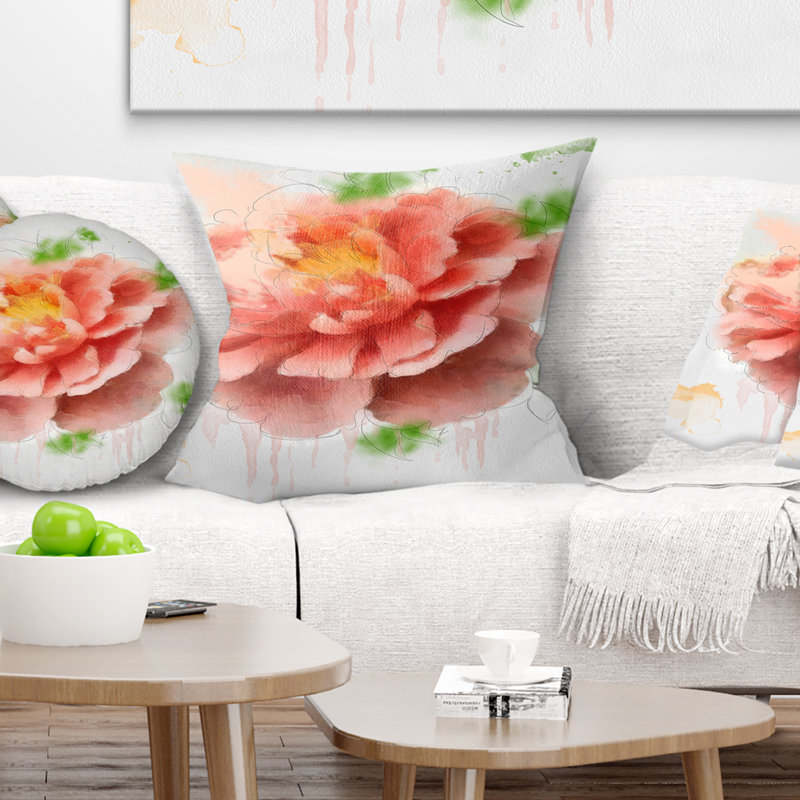 Croquis de rose clair clair aquarelle - coussin imprimé floral, 18 po x 18 po, Coussin décoratif