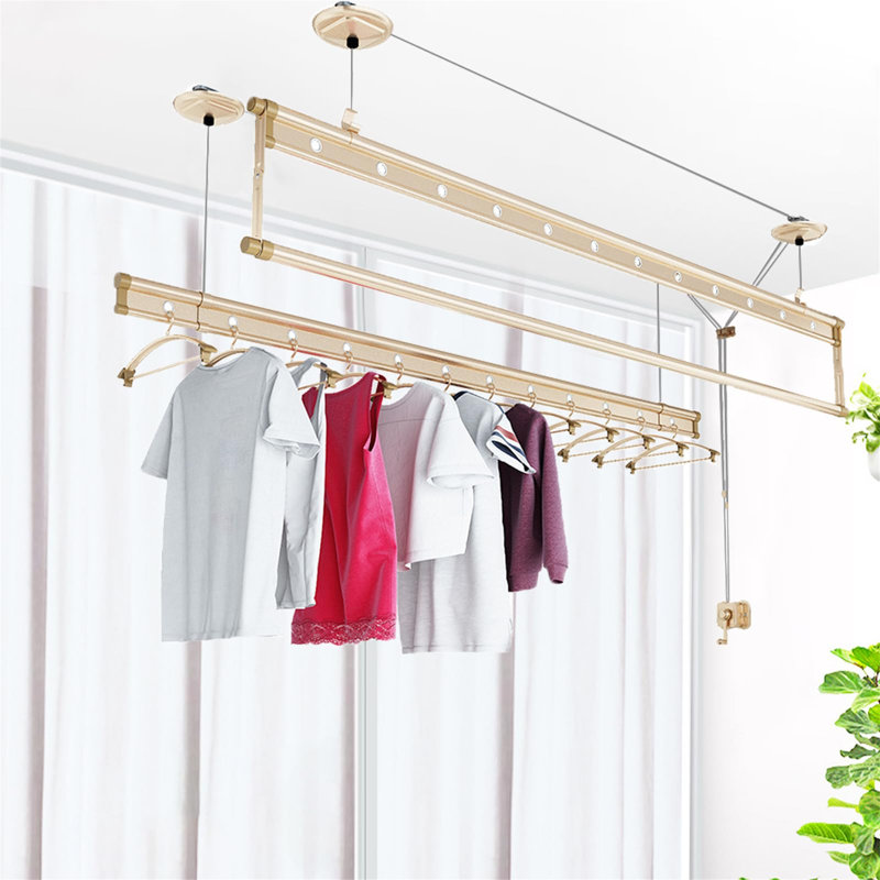 Ceiling-Mounted Clothes Drying Rack with Hand Crank Pulley, 78.8" Aluminum Alloy, Gold