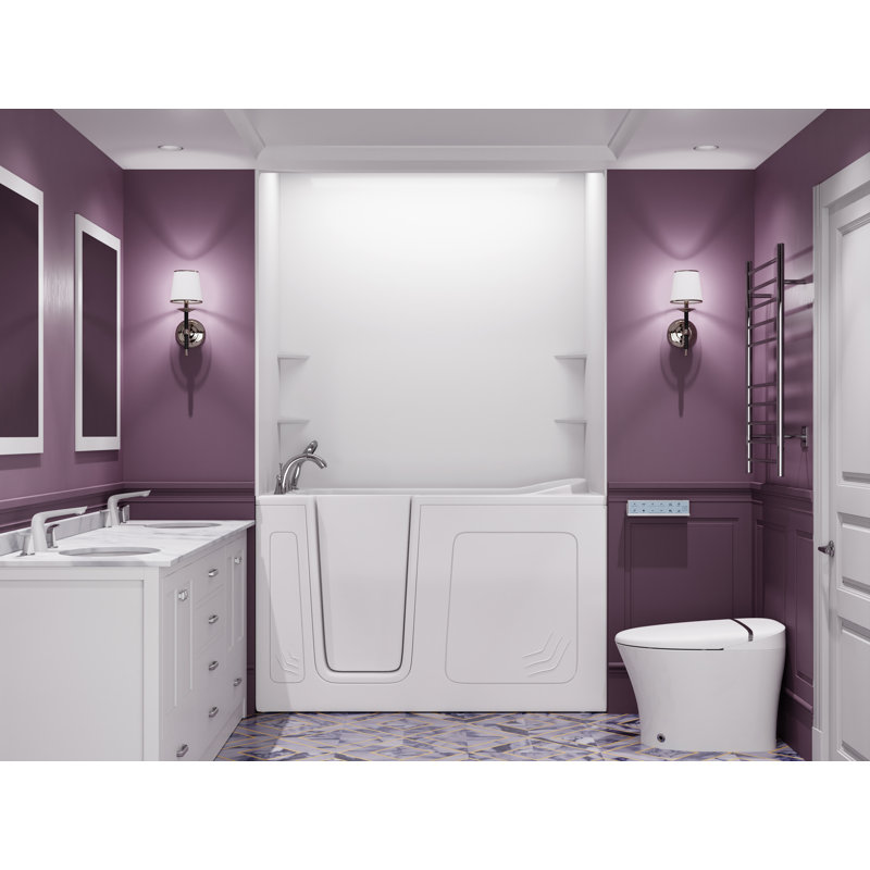 Nova Heated Series 32" x 60" Left Side Drain Soaker Bathtub in White with Matching Smooth Shower Wall Kit, Left, White