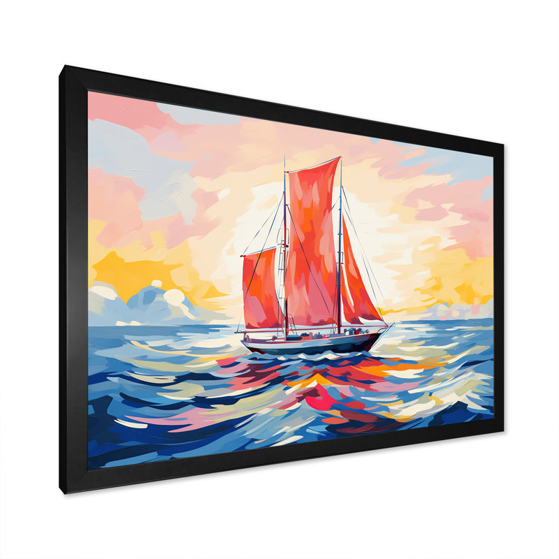 Coucher de soleil sur un bateau à voile III - bateau à voile, art mural, Cadre d'angle fermé noir, H 12 po x l 20 po x P 1 po