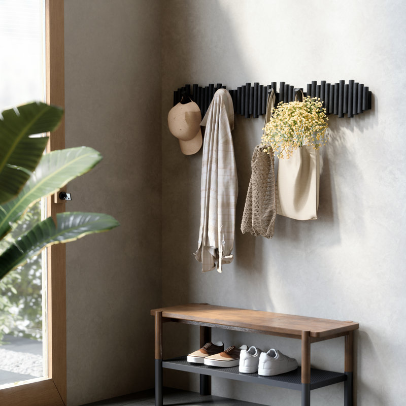 Black Pine Wood Wall-Mounted Coat Rack with 5 Hooks