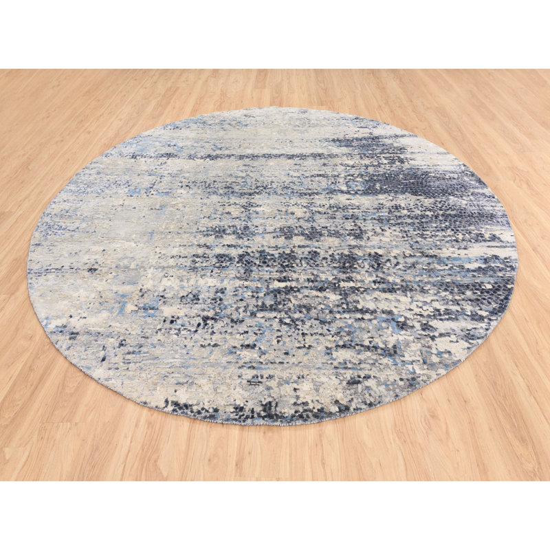 Tapis oriental rond en laine et soie bleu noué à la main 10 pi x 10 pi E3B06BC4B31D4415889424CD1B97D427