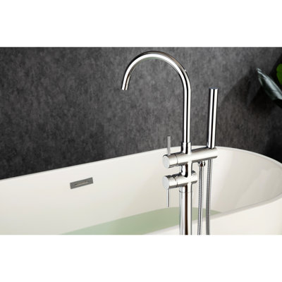 Tub Faucet With Handheld Shower, Floor Mounted Design, Single Handle, 360 Rotating Spout, Drip- Ceramic Disc, Stainless Steel Build In Plating, Handle Shower Headpiece Kit, 360-Degree Swiveling