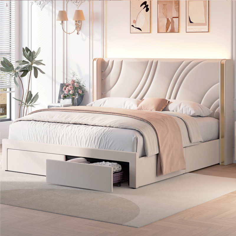 Structure de lit tapissier à DEL avec tiroirs de rangement, lit plateforme avec tête de lit à oreilles, Lit double, Beige