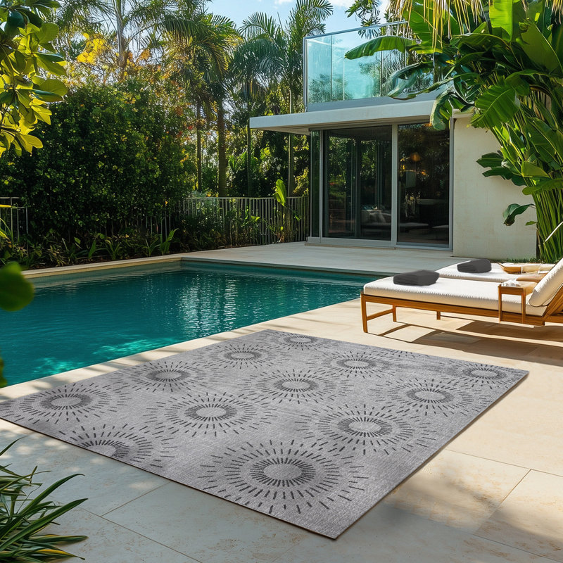  Paseo Tiaret All-Weather Flatweave Indoor/Outdoor Area Rug, Gray Black Silver Tribal Sunburst – Patio, Deck, Porch & Poolside