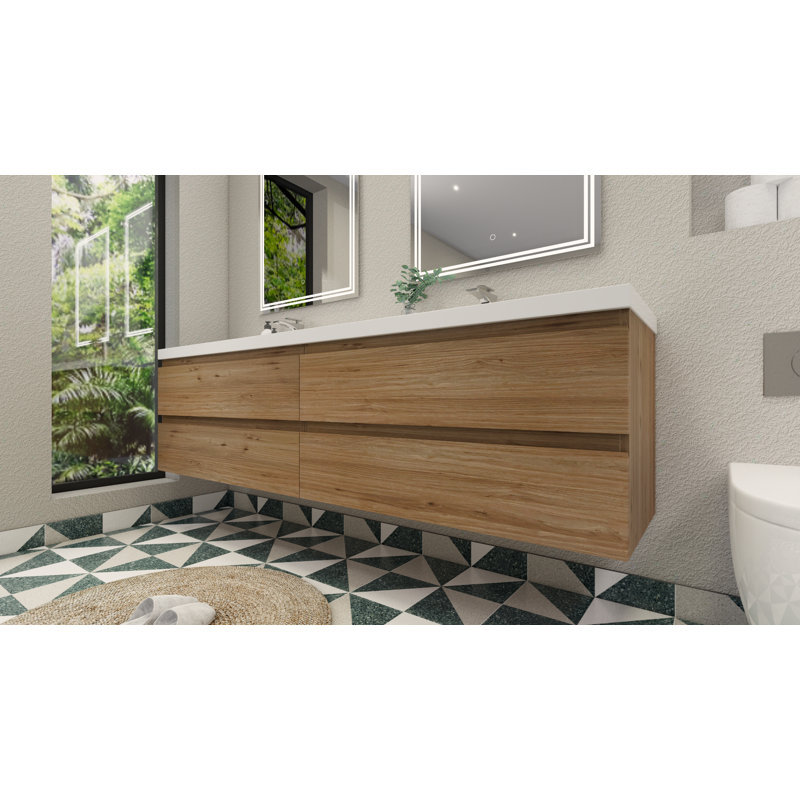Ensemble de meuble-lavabo double mural 84 po Amahia, Chêne naturel