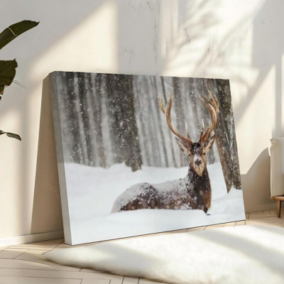 16" X 24" Snow Covered Elk Animal Grey Canvas Solid Wood Frame Support Wall Art