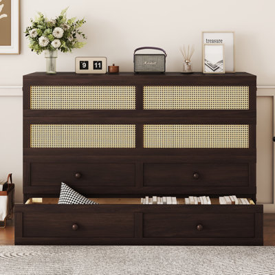 Queen Size Murphy Bed, Pine Wood Cabinet Bed with Rattan Decoration and Storage Drawer,Tan