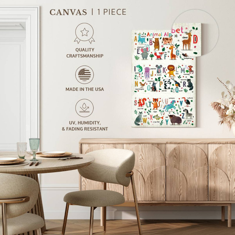 Alphabet animaux, impression sur toile tendue, H 12 po x l 8 po x P 1 po